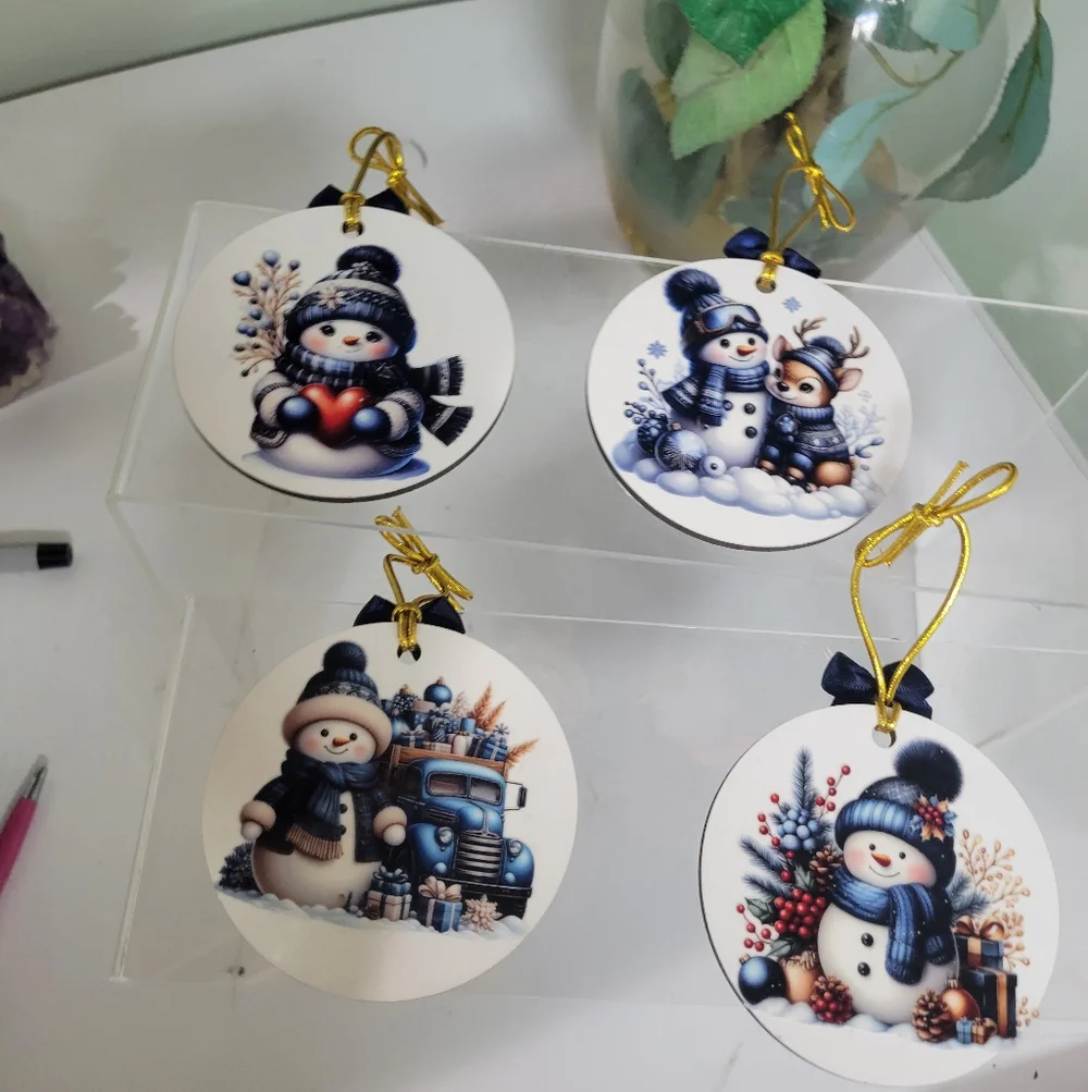 NWT 4 HANDMADE 2 SIDED BLUE SNOWMAN ORNAMENTS CHRISTMAS W Glittery Snow And Bow - Picture 4 of 6
